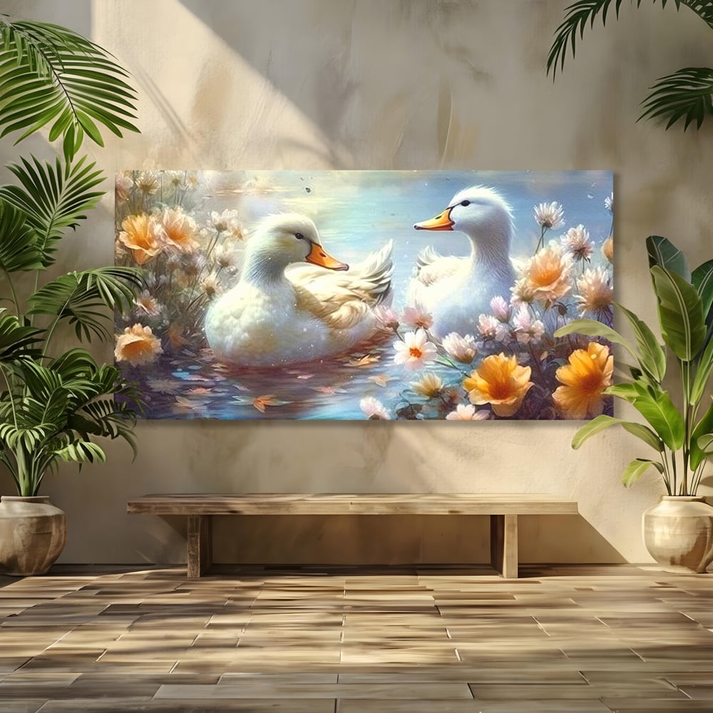 Tablou canvas cu tablou canvas cu rate pe lac, fara rama, pe sasiu de lemn